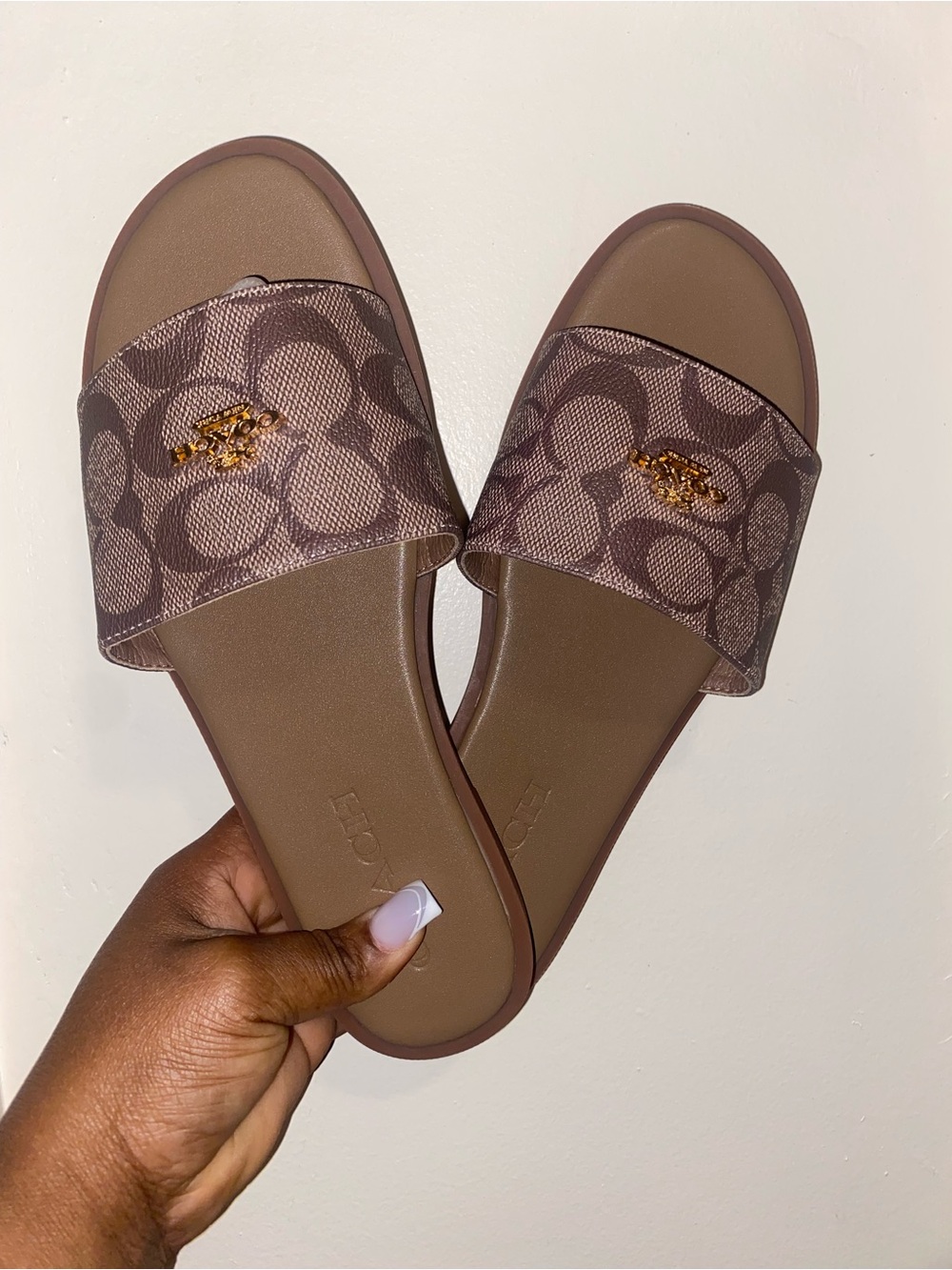 Coach Brown Monogram Slide Sandals with Gold Logo